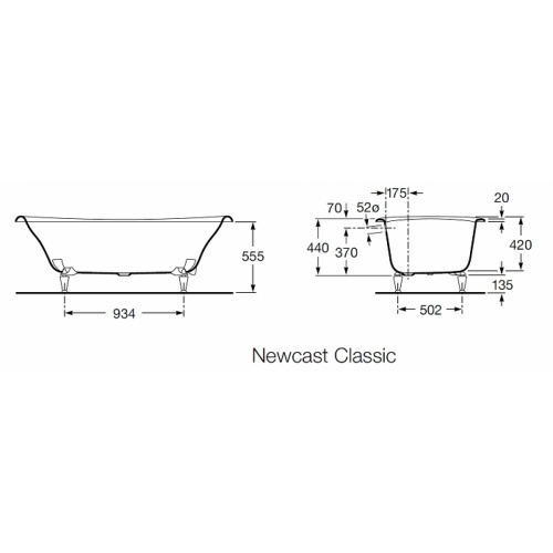 Baignoire rétro en fonte Newcast Classic Cuve Grise Newcast classic cote