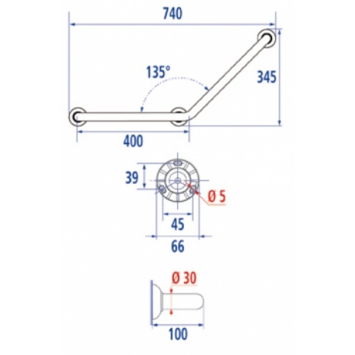 Barre d'appui coudée 135 degré 740mm 049270 * 049270 cote