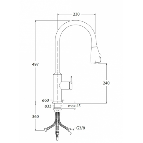 Mitigeur pour évier de cuisine ALTO 100% Inox avec douchette - KX53028 Kx53051 cote