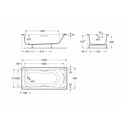 Baignoire nue rectangulaire Becool 190x90cm Becool 190x90 Schéma