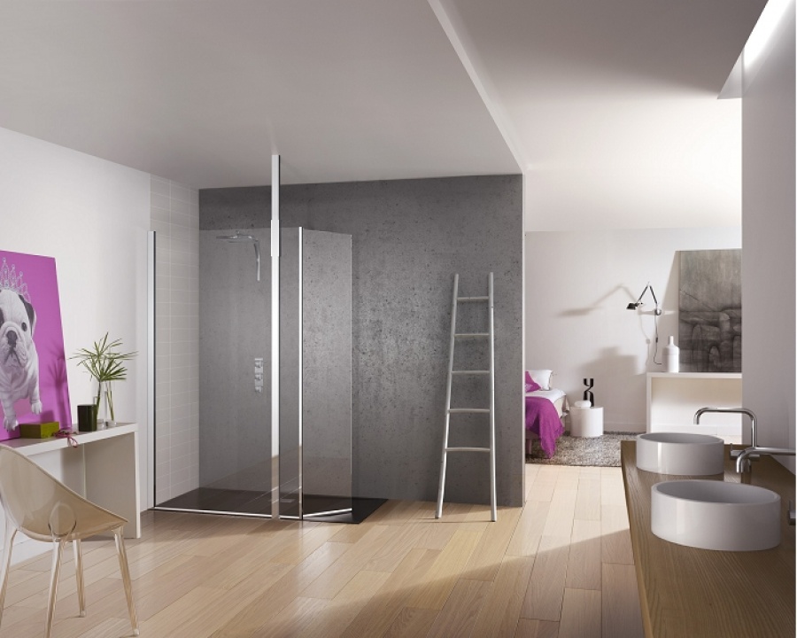 Paroi de douche fixe + volet pivotant Kinespace Duo avec Mât 100+45